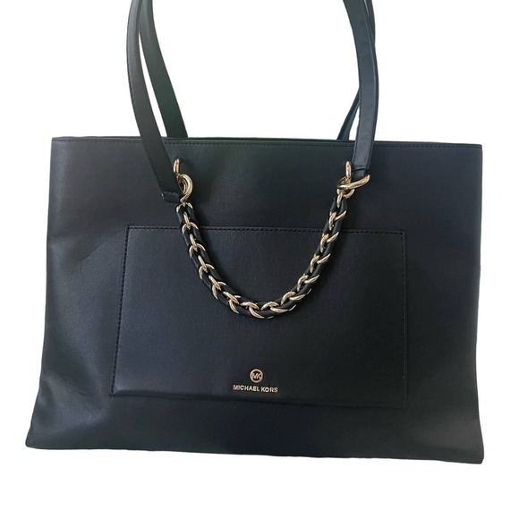 New MICHAEL KORS Leather Tote Shoulder Bag Black Purse - Picture 1 of 11